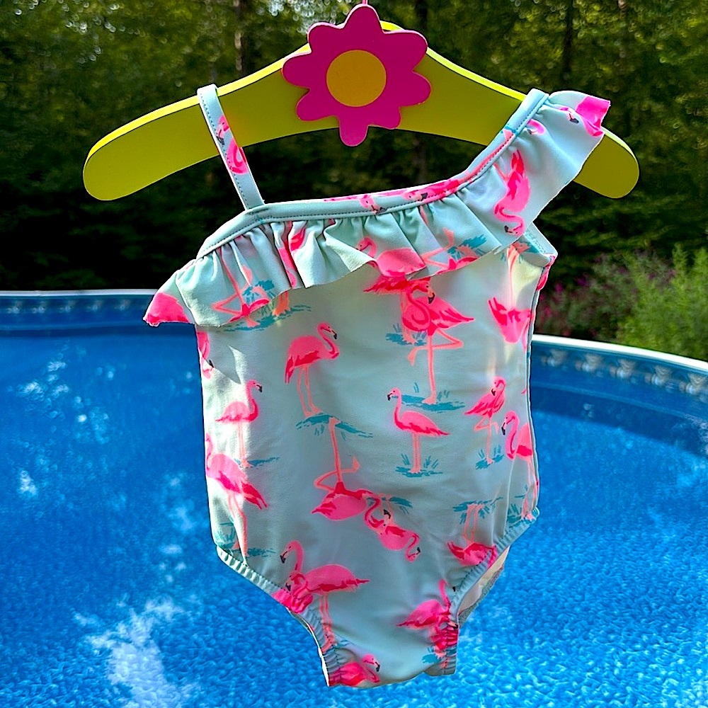 Carters 2 baby girl bathing suits 6-9 mo. 1 pc. flamingo, 2 pc. lemon rashguard - Picture 2 of 11